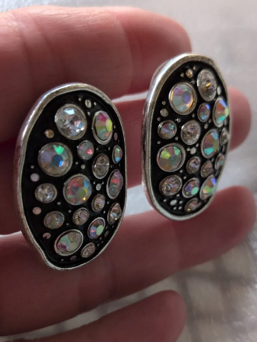 Silvertone Black Enamel Aurora Borealis Rhinestone Cluster Statement Studs